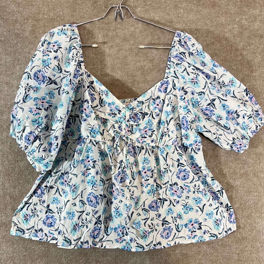 NWT LC Lauren Conrad Blouse Womens XL Floral Puff Sleeve Peplum Cottagecore Blue